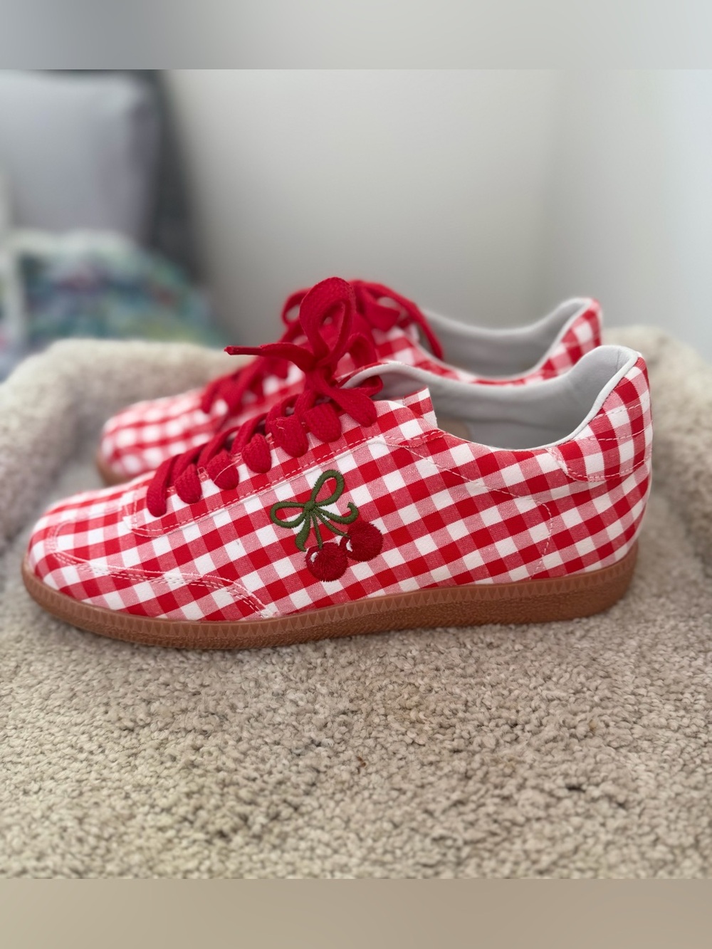 NEW IN BOX Mi.iM Mary Gingham Sneakers Embroidered Cherry Design Size 8